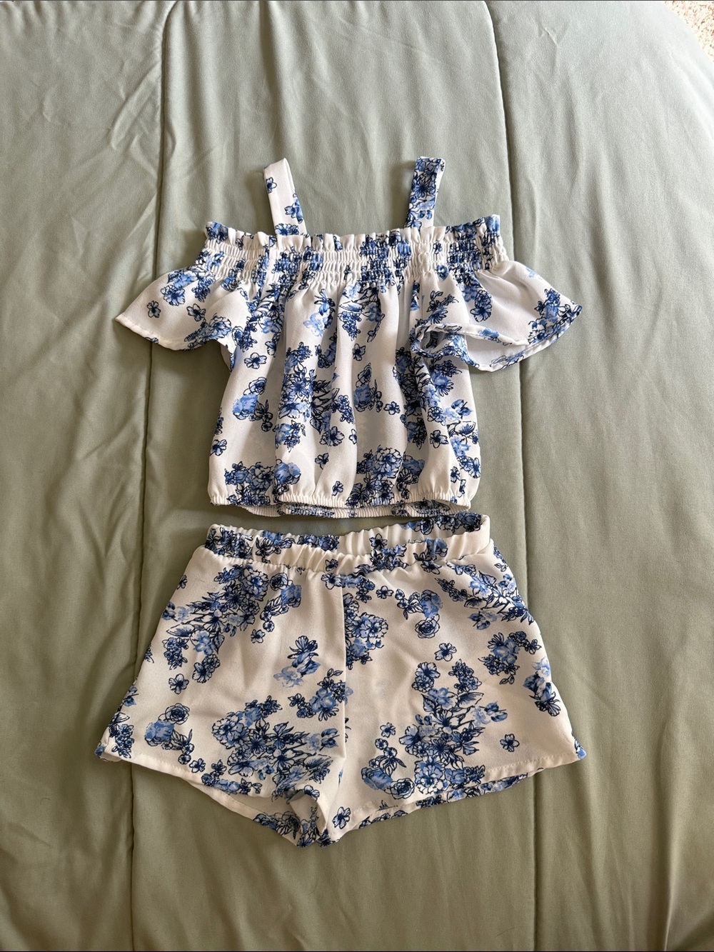 Blue Floral Off-Shoulder Kids Pajama Set